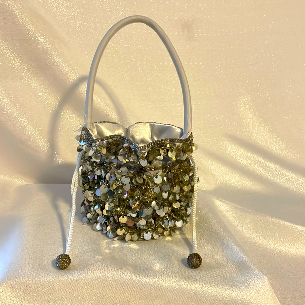 Sequined dress bag/purse! Silver sequins adorn this elegant and cute dress bag!